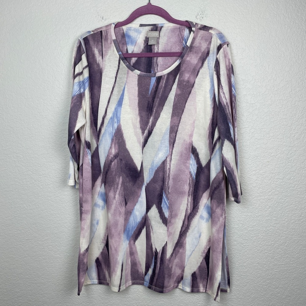 Chico's Top Tunic Womens 3 Petite US XLP Geometric Watercolor 3/4 Sleeves Artsy